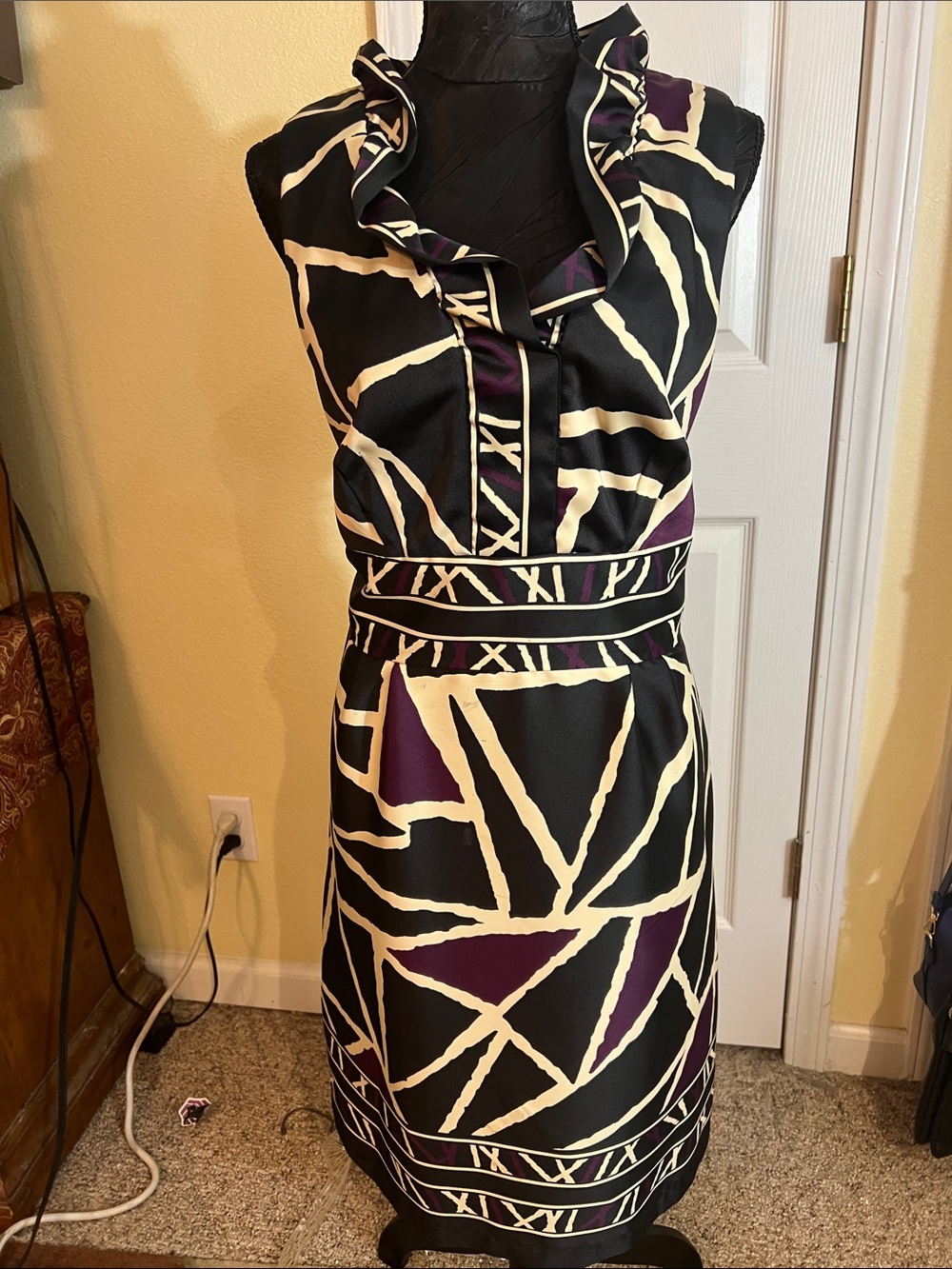 Dress Barn Black, Cream & Deep Purple Ruffle-Neck Midi Dress